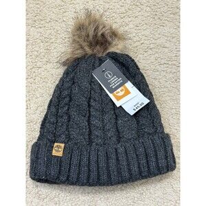 NWT Timberland Women`s Cable Knit Cuff  Fleece Lined Pom Pom Gray Hat Beanie